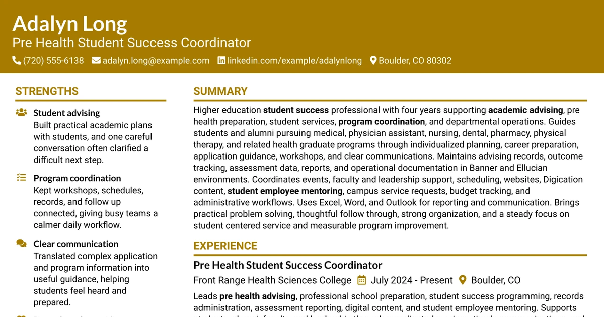 33 Biological Sciences Pre-Health Student Success and Program Coordinator Resume Templates with Example