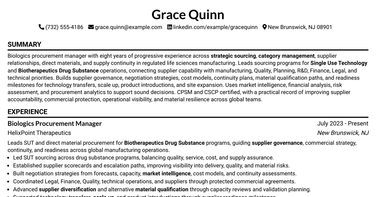 7 Biologics Sourcing Manager, IMSCP Resume Templates with Example