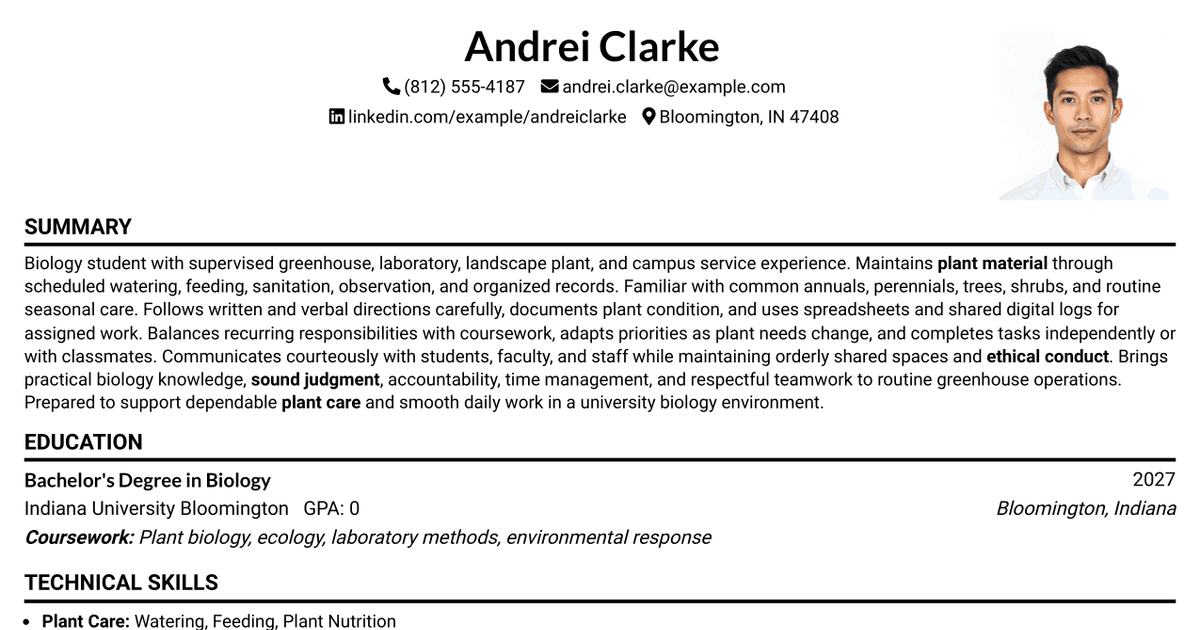 7 Biology Green House Worker Resume Templates with Example
