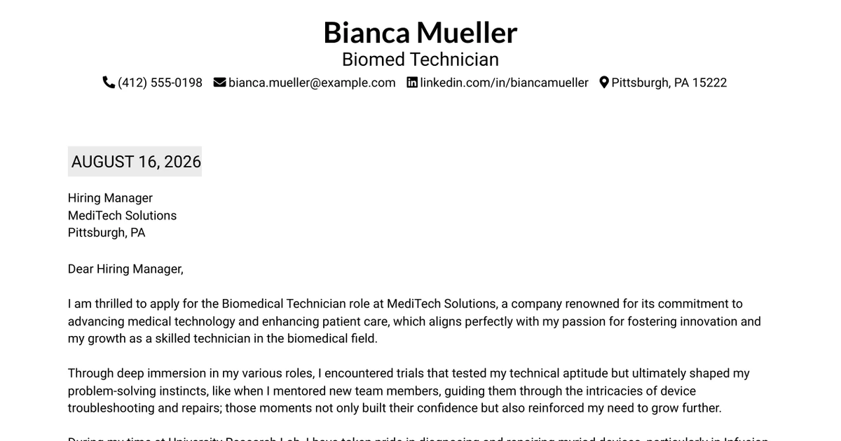 30+ Biomed Technician Cover Letter Templates with Example 2026