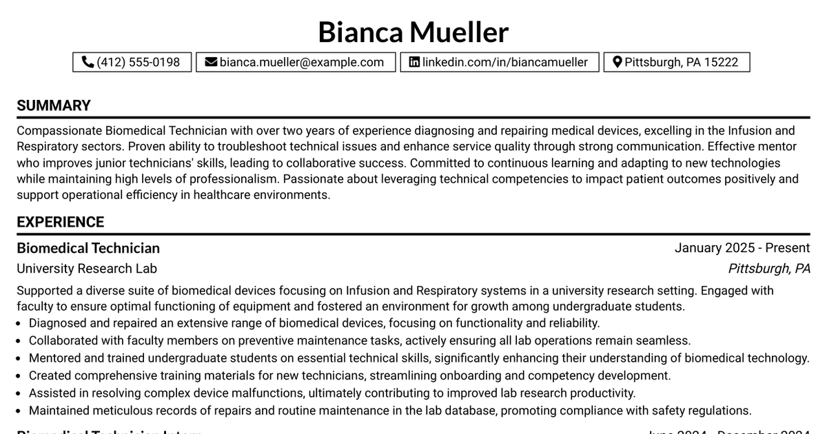 33 Biomed Technician Resume Templates with Example 2026 (ATS-Optimized)