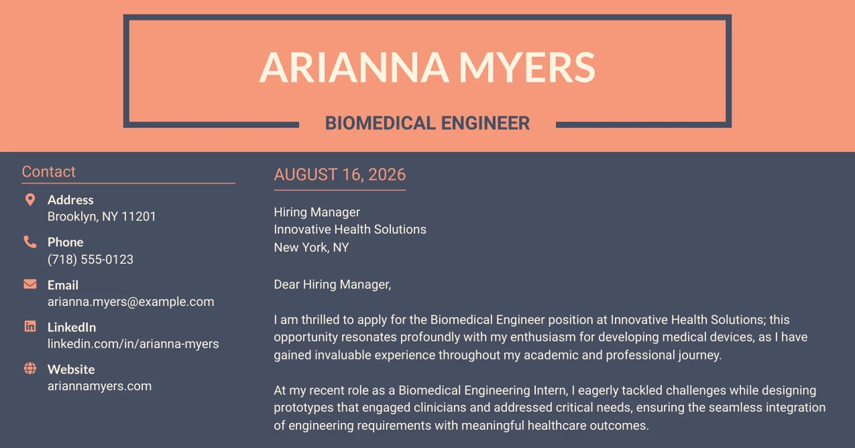 30+ Biomedical Engineer Cover Letter Templates with Example 2026