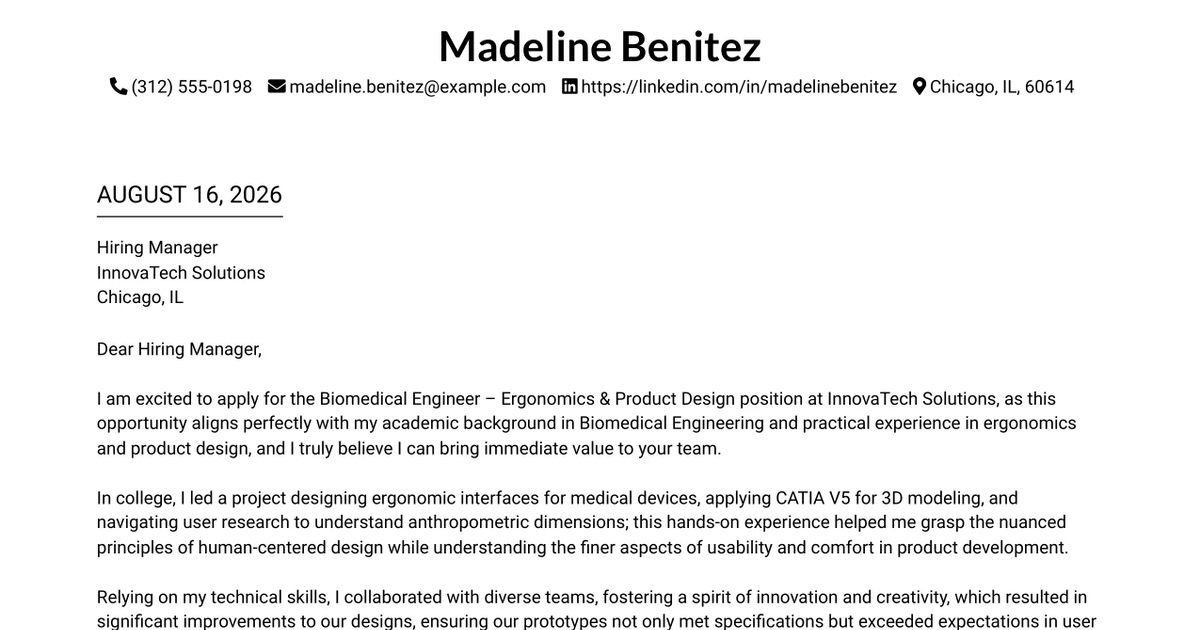 30+ Biomedical Engineer – Ergonomics & Product Design Cover Letter Templates with Example 2026