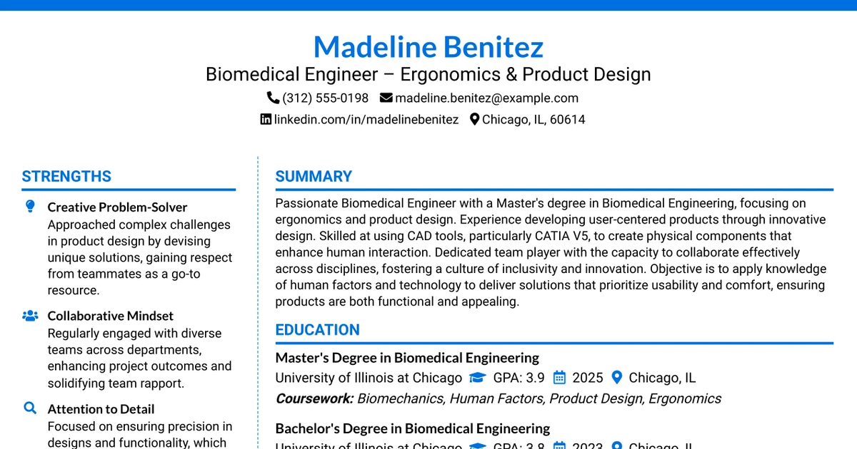 33 Biomedical Engineer – Ergonomics & Product Design Resume Templates with Example 2026 (ATS-Optimized)
