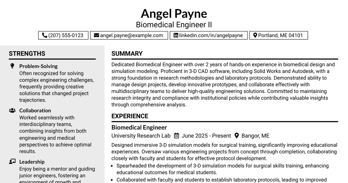 33 Biomedical Engineer II Resume Templates with Example 2026 (ATS-Optimized)
