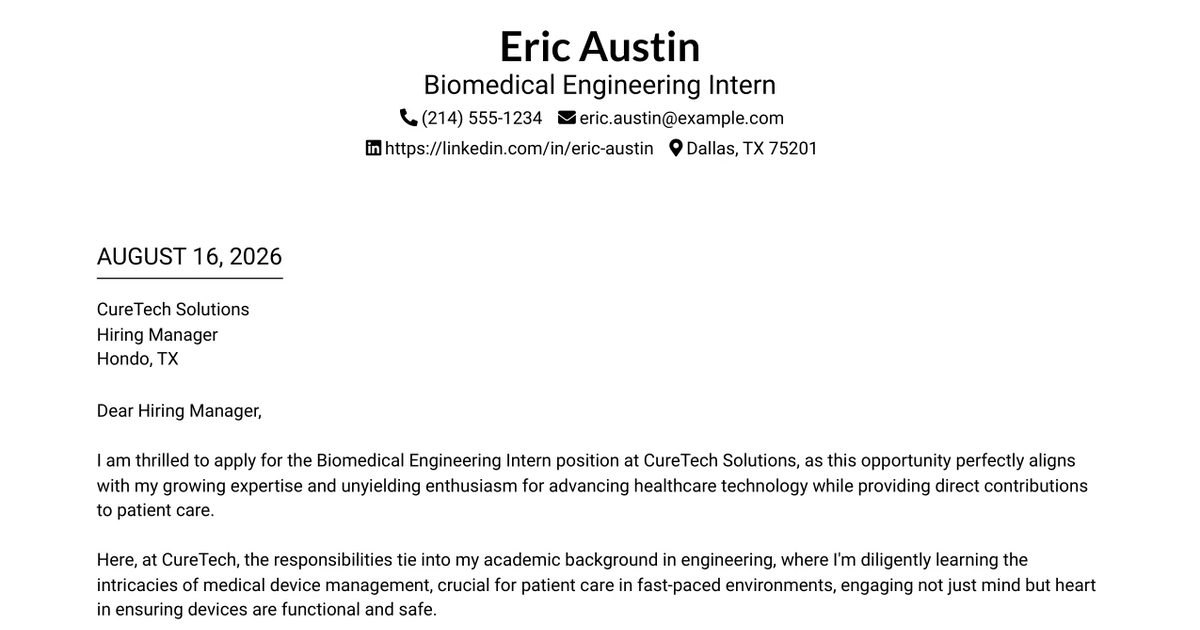 30+ Biomedical Engineering Intern Cover Letter Templates with Example 2026