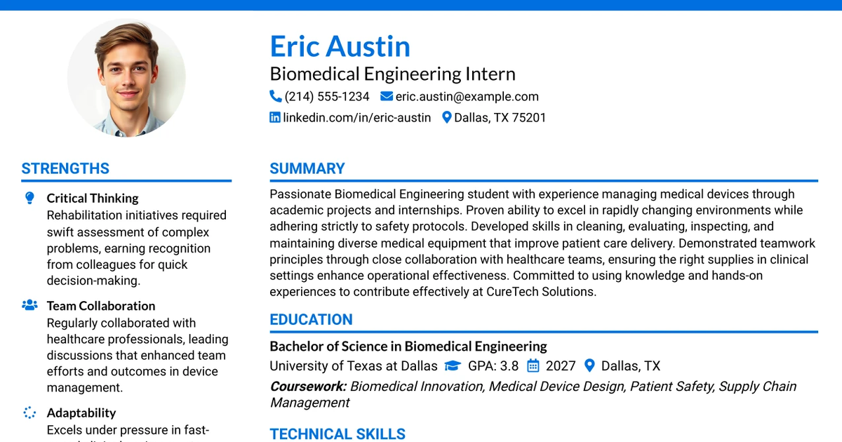 33 Biomedical Engineering Intern Resume Templates with Example 2026 (ATS-Optimized)