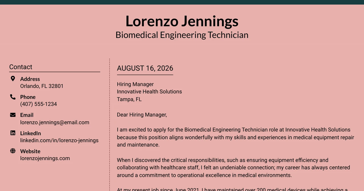 30+ Biomedical Engineering Technician Cover Letter Templates with Example 2026