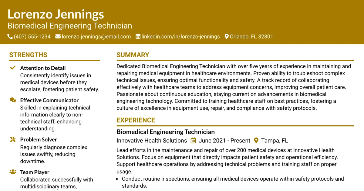 33 Biomedical Engineering Technician Resume Templates with Example 2026 (ATS-Optimized)