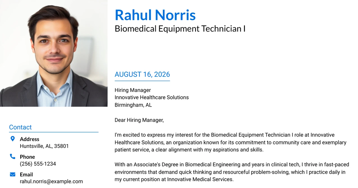 30+ Biomedical Equipment Technician I Cover Letter Templates with Example 2026