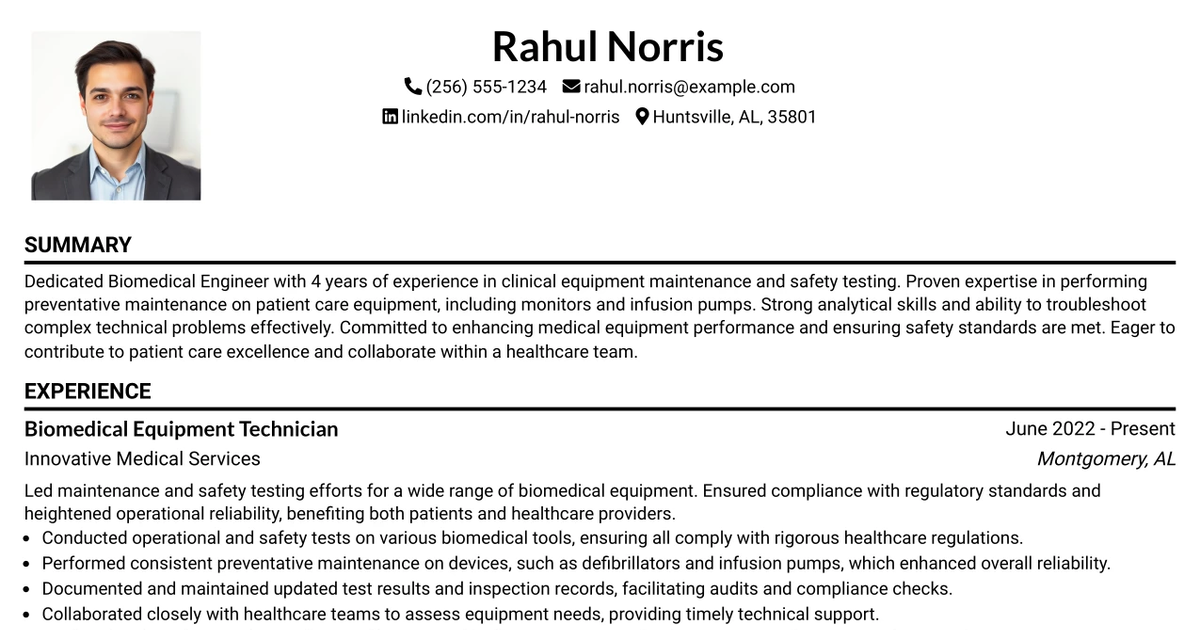 33 Biomedical Equipment Technician I Resume Templates with Example 2026 (ATS-Optimized)