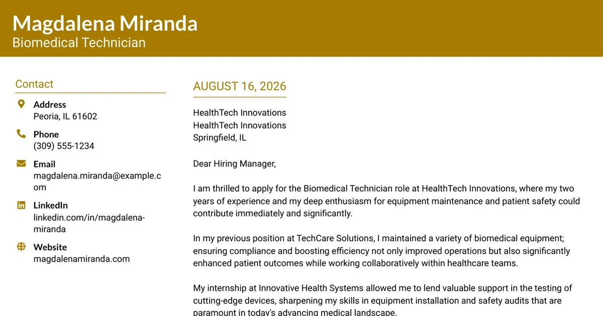 30+ Biomedical Technician Cover Letter Templates with Example 2026