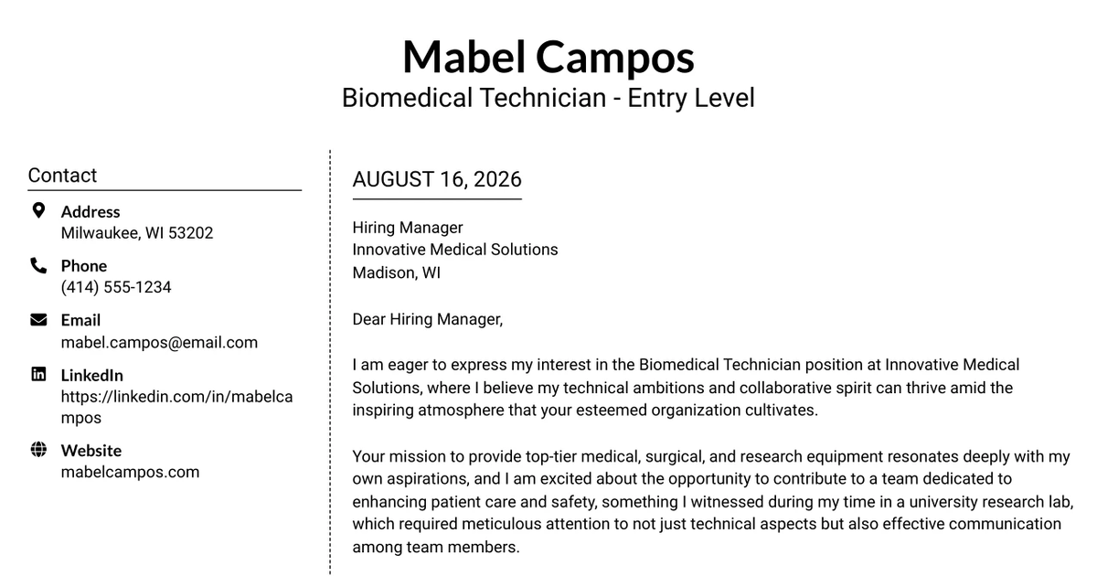 30+ Biomedical Technician - Entry Level Cover Letter Templates with Example 2026