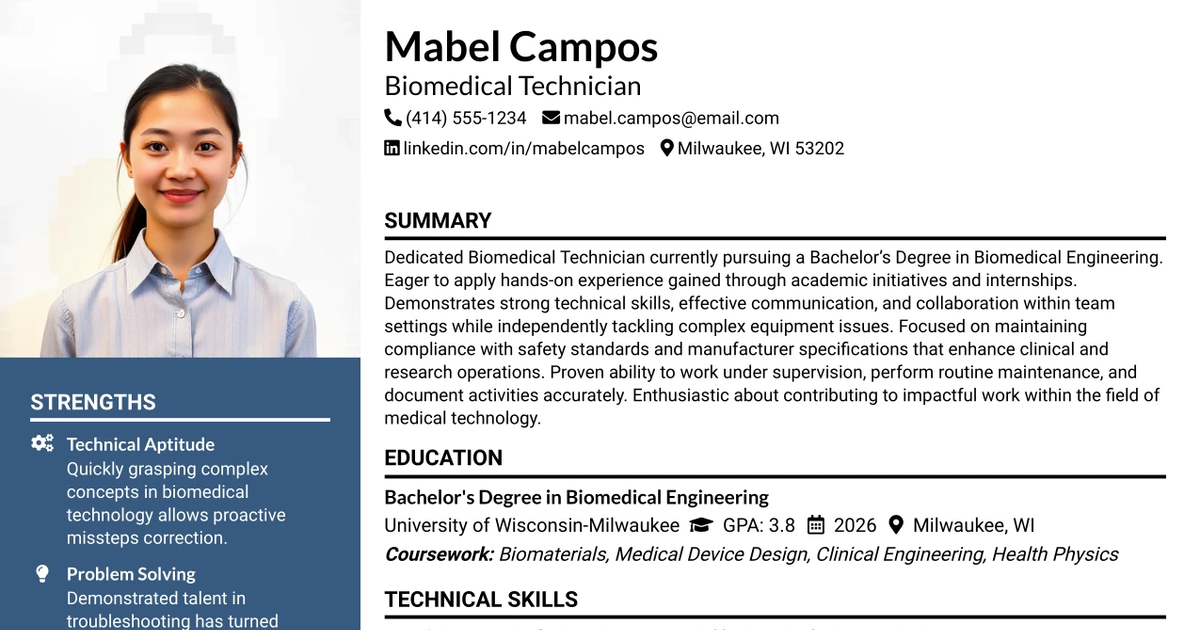 33 Biomedical Technician - Entry Level Resume Templates with Example 2026 (ATS-Optimized)