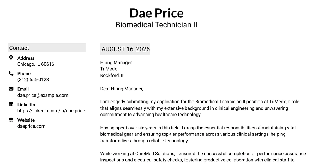 30+ Biomedical Technician II Cover Letter Templates with Example 2026