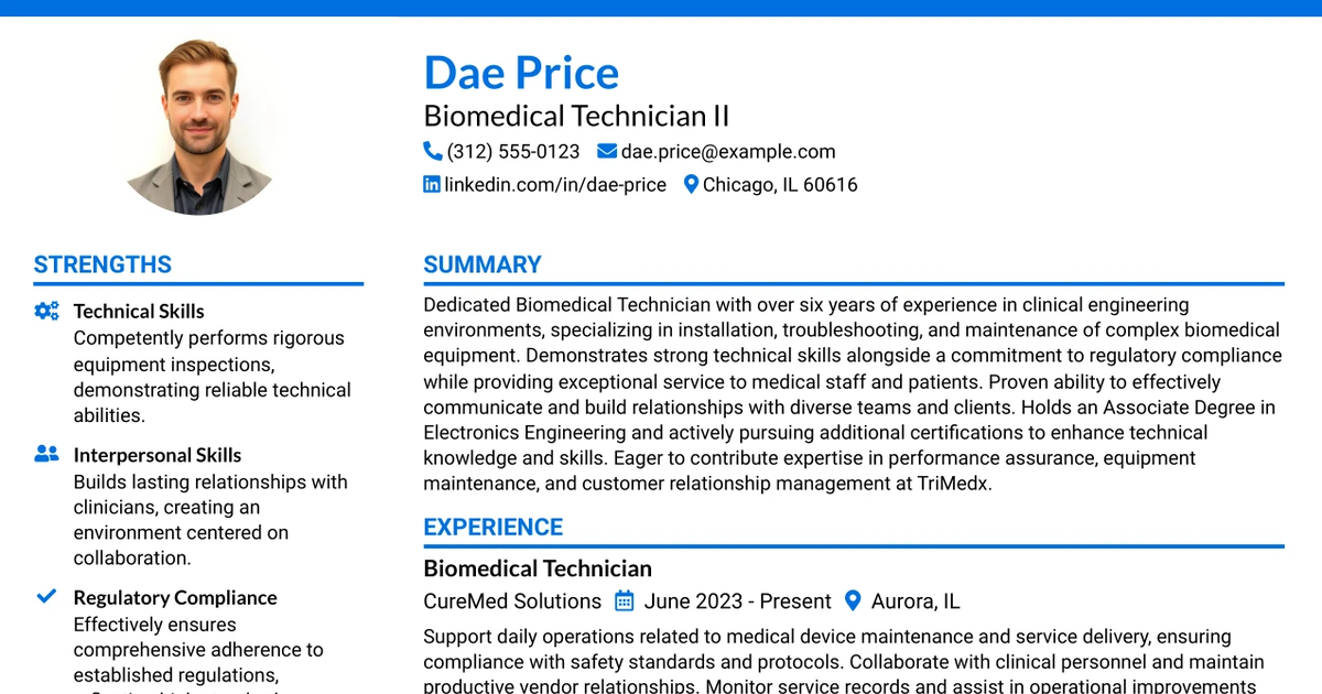 33 Biomedical Technician II Resume Templates with Example 2026 (ATS-Optimized)