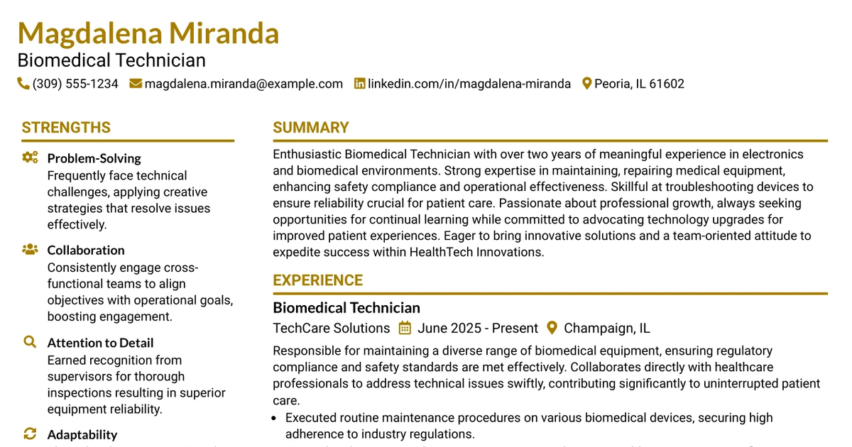 33 Biomedical Technician Resume Templates with Example 2026 (ATS-Optimized)