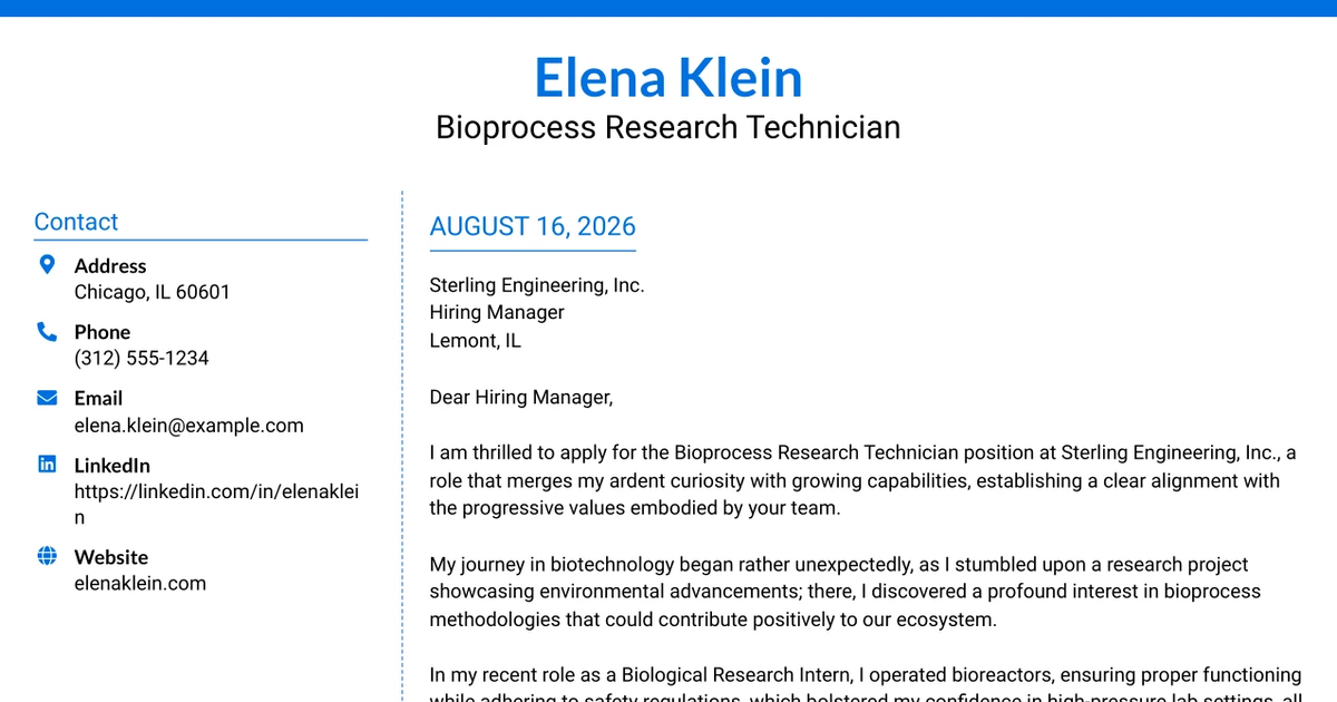 30+ Bioprocess Research Technician Cover Letter Templates with Example 2026