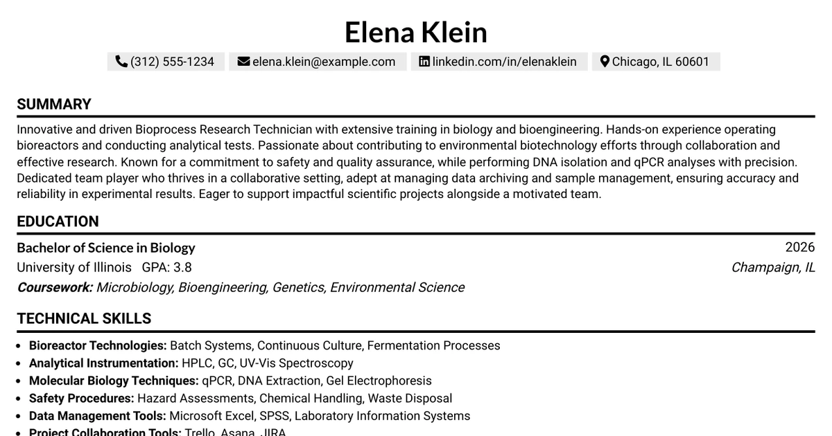 33 Bioprocess Research Technician Resume Templates with Example 2026 (ATS-Optimized)