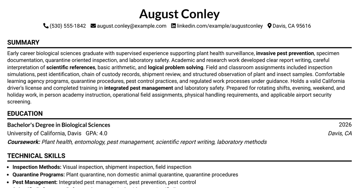 7 Biosecurity Inspector I Resume Templates with Example