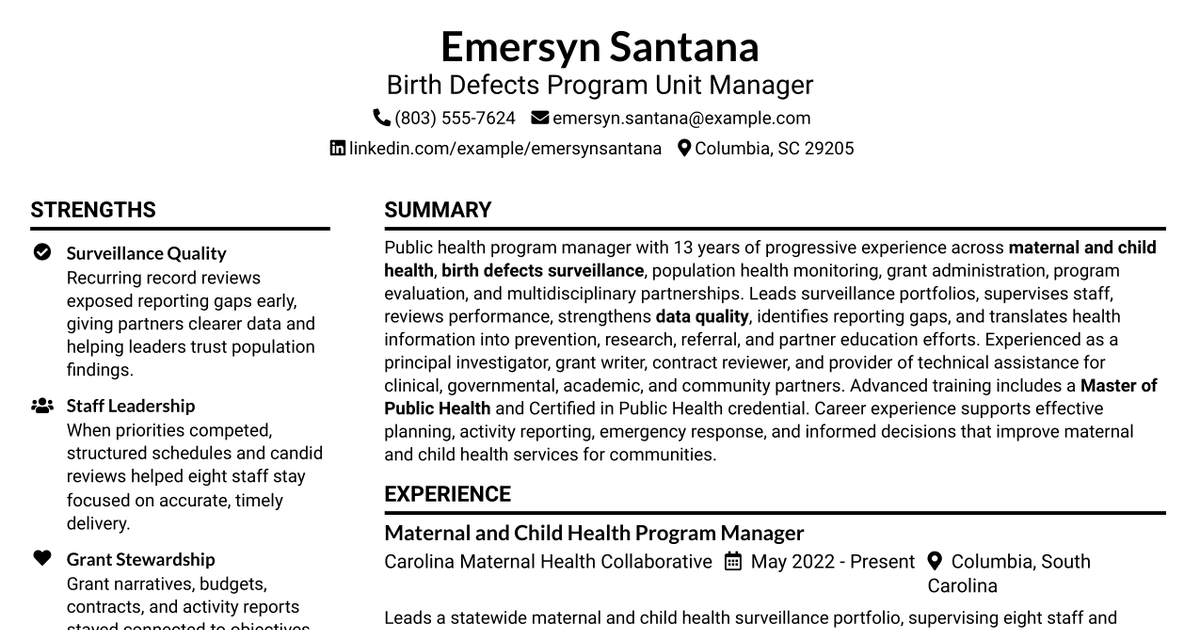 7 Birth Defects Program Unit Manager Resume Templates with Example