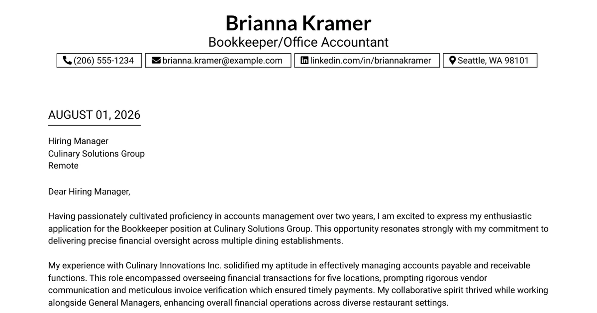 30+ Bookkeeper/Office Accountant Cover Letter Templates with Example 2026