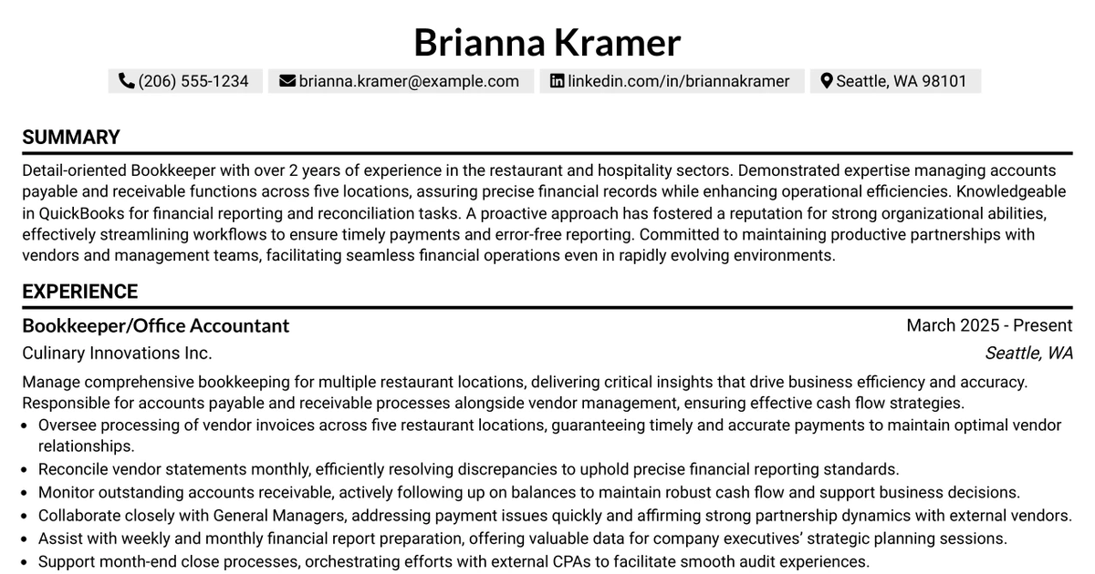 33 Bookkeeper/Office Accountant Resume Templates with Example 2026 (ATS-Optimized)