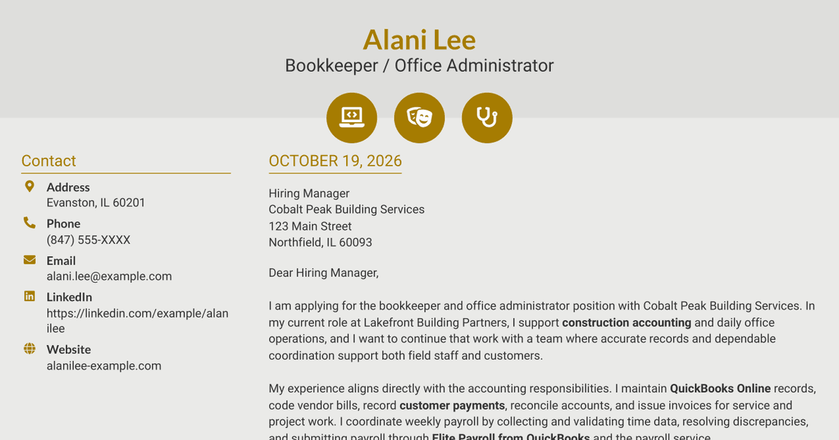 7 Bookkeeper / Office Administrator - Construction Office Operations Cover Letter Templates with Example
