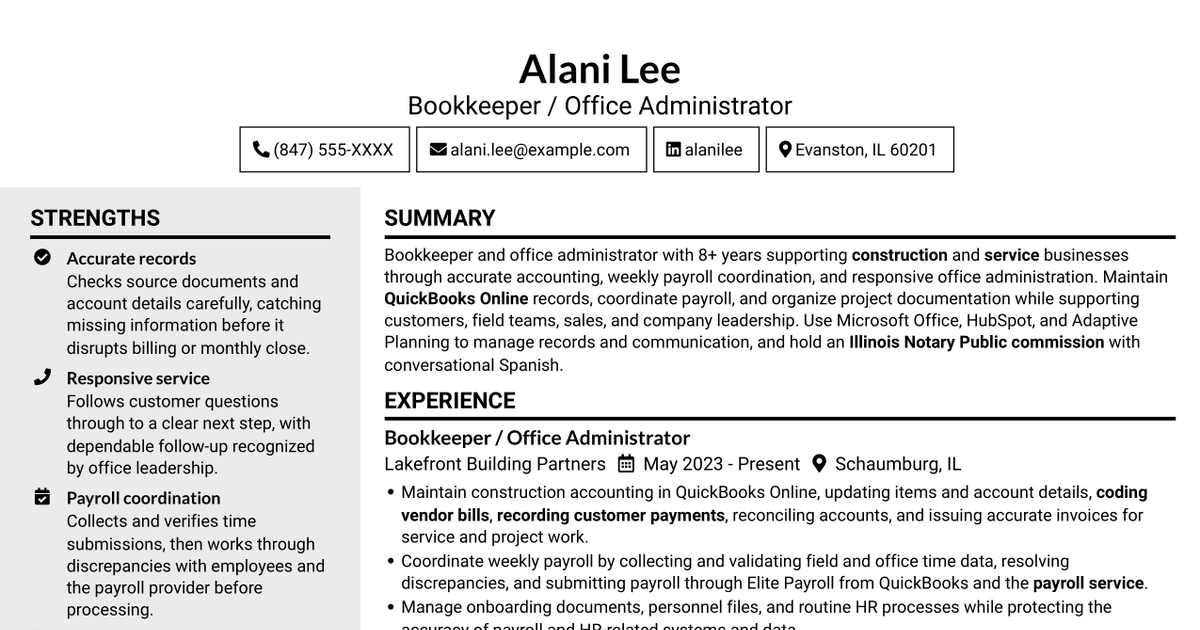 7 Bookkeeper / Office Administrator - Construction Office Operations Resume Templates with Example