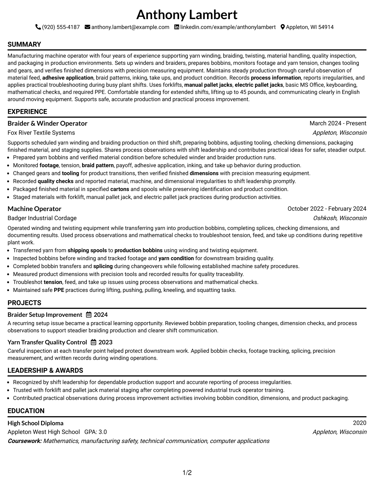 Resume Example Page 1