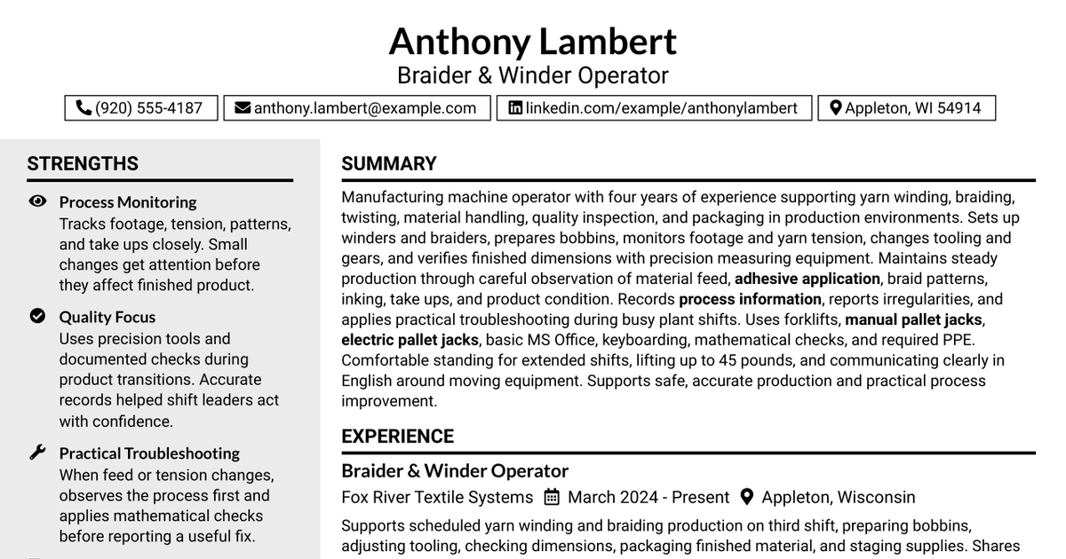 7 Braider & Winder Operator Resume Templates with Example