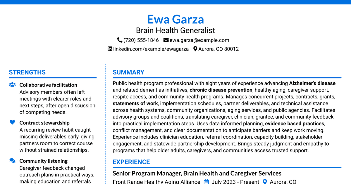 7 Brain Health Generalist Resume Templates with Example