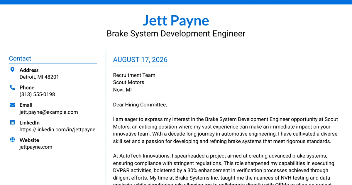 30+ Brake System Development Engineer Cover Letter Templates with Example 2026