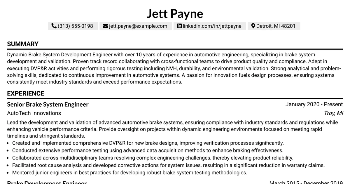 33 Brake System Development Engineer Resume Templates with Example 2026 (ATS-Optimized)