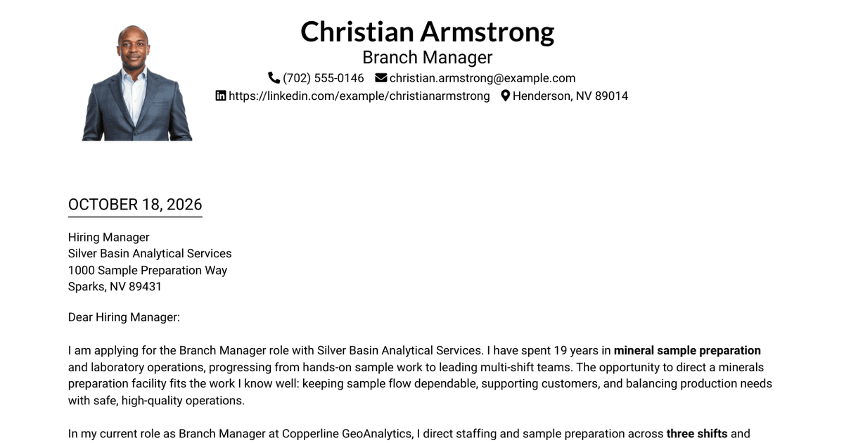 7 Branch Manager - Minerals Sample Preparation Cover Letter Templates with Example