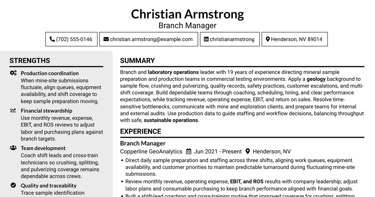 7 Branch Manager - Minerals Sample Preparation Resume Templates with Example