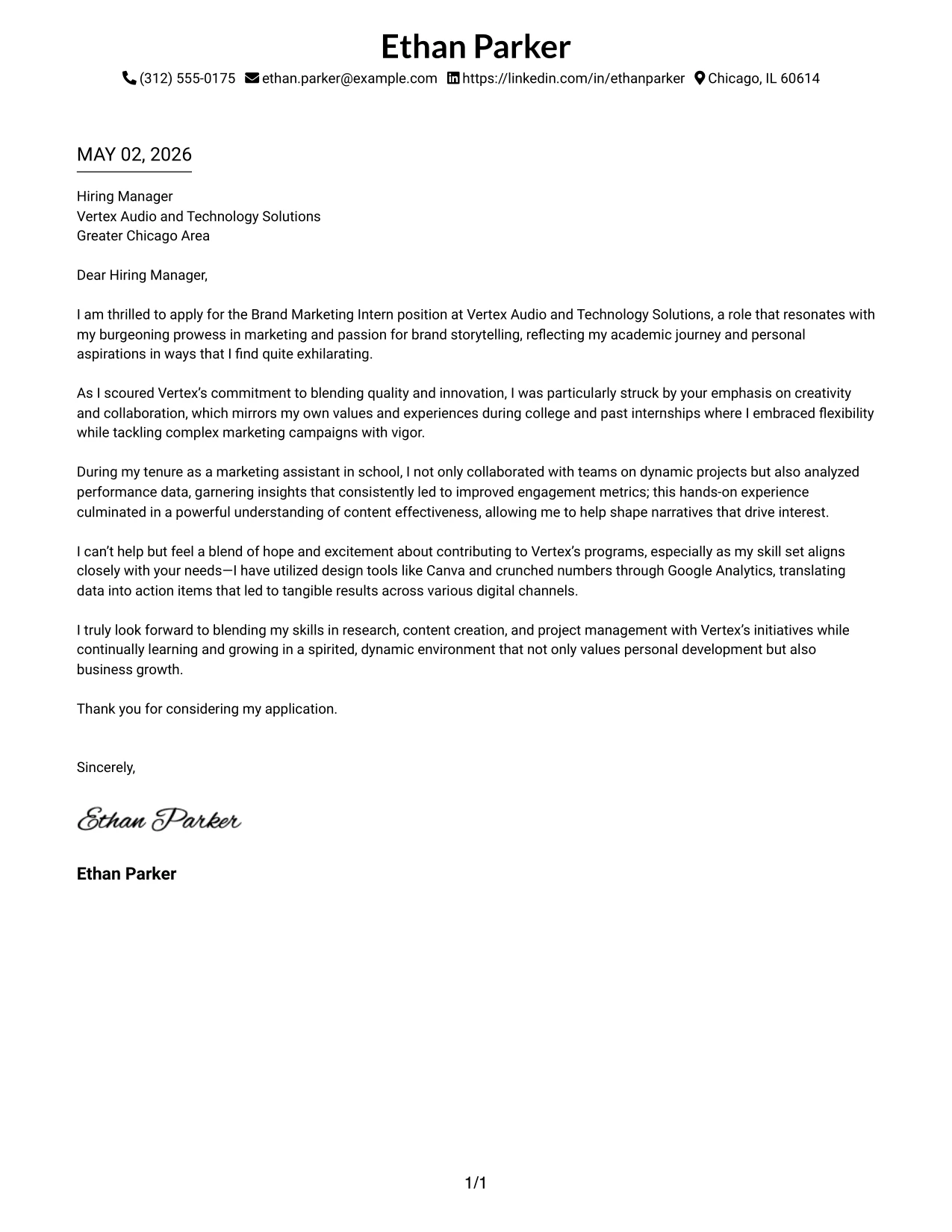 Brand Marketing Intern Cover Letter Example Minimal Header Format