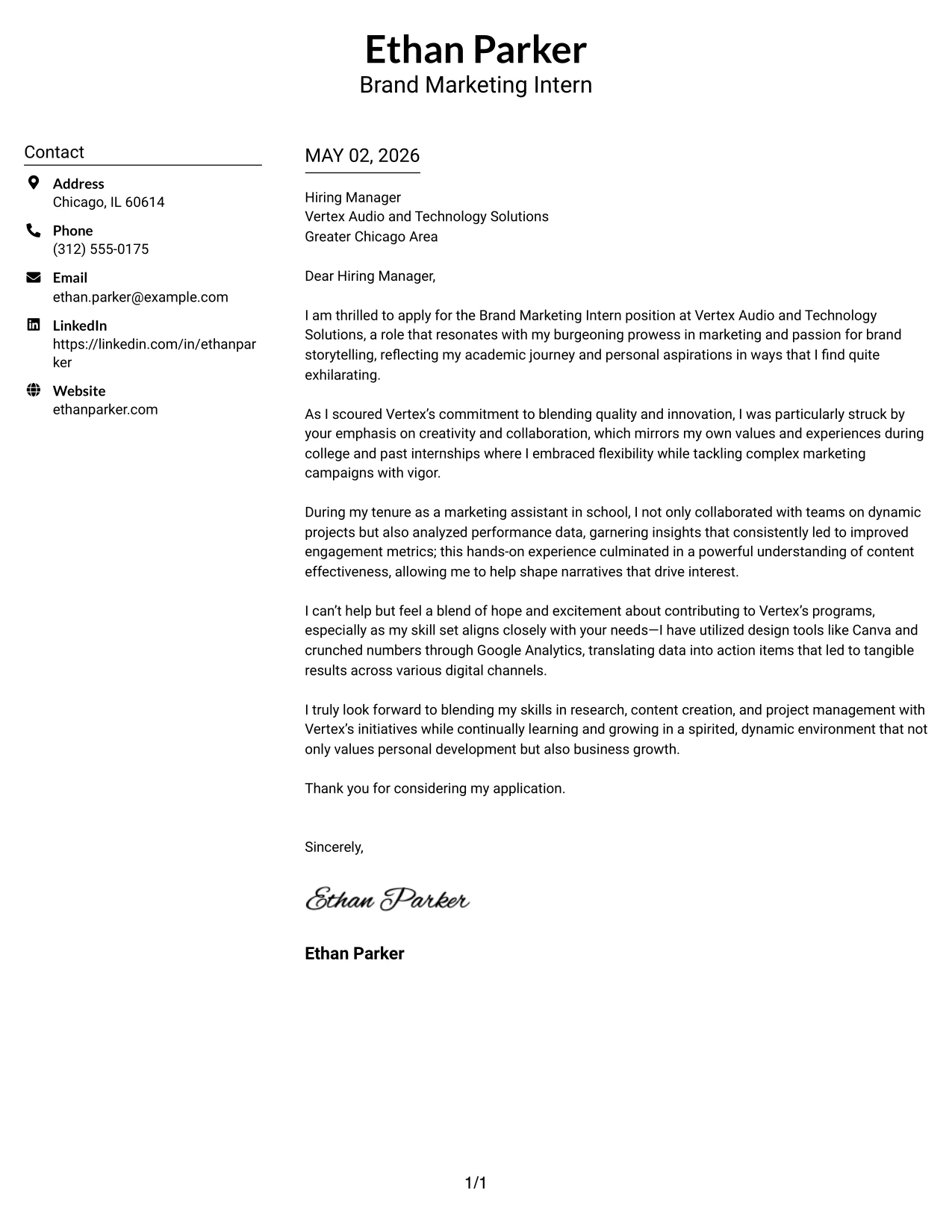 Brand Marketing Intern Cover Letter Example Centered Header Classic Two Column Format
