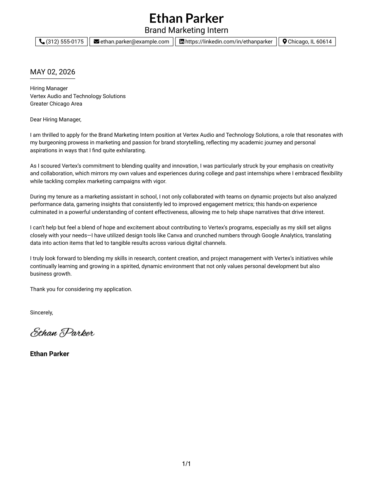 Brand Marketing Internship Cover Letter Example Boxed Contact Header with Job Title Format