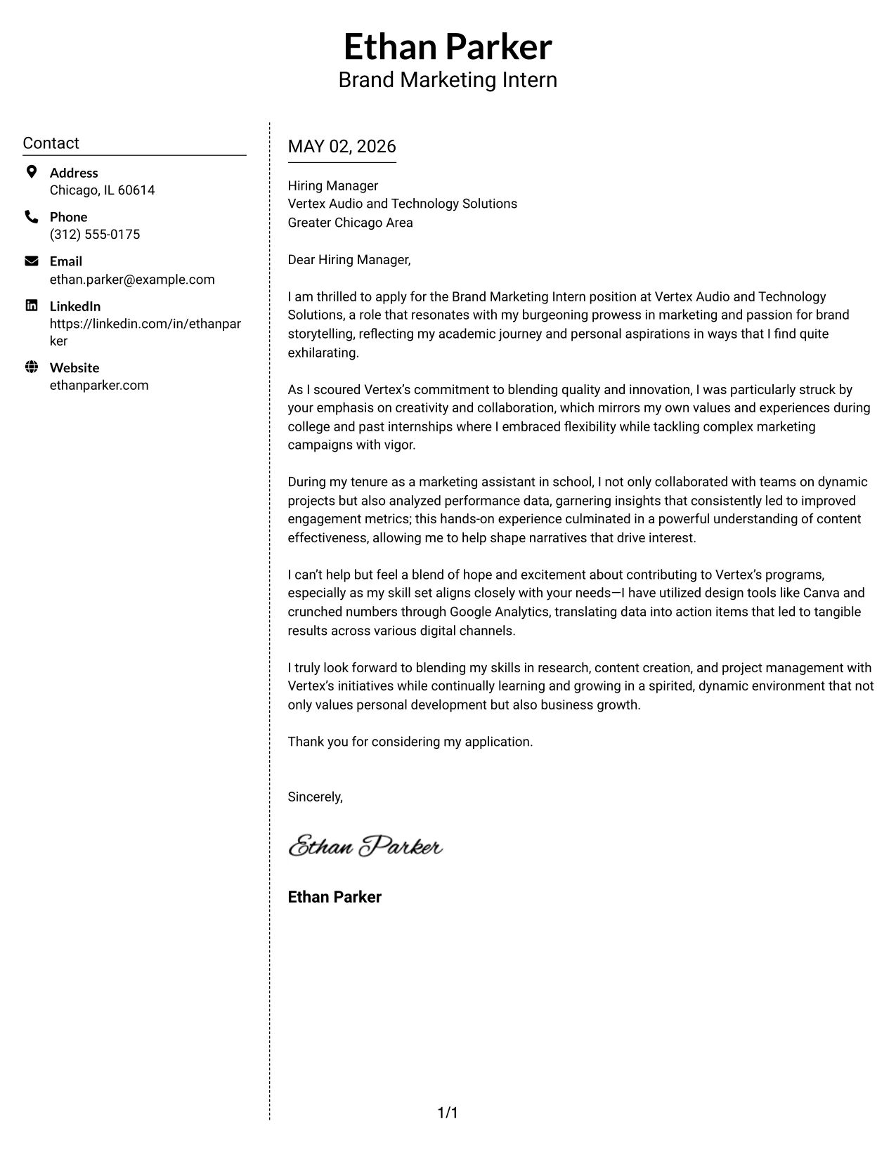 Brand Marketing Intern Cover Letter Example Simple Two Column Format