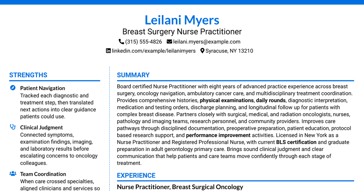 7 Breast Surgery Nurse Practitioner Resume Templates with Example