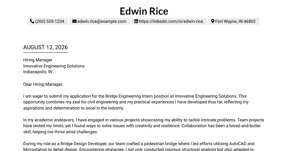 30+ Bridge Engineering Intern Cover Letter Templates with Example 2026