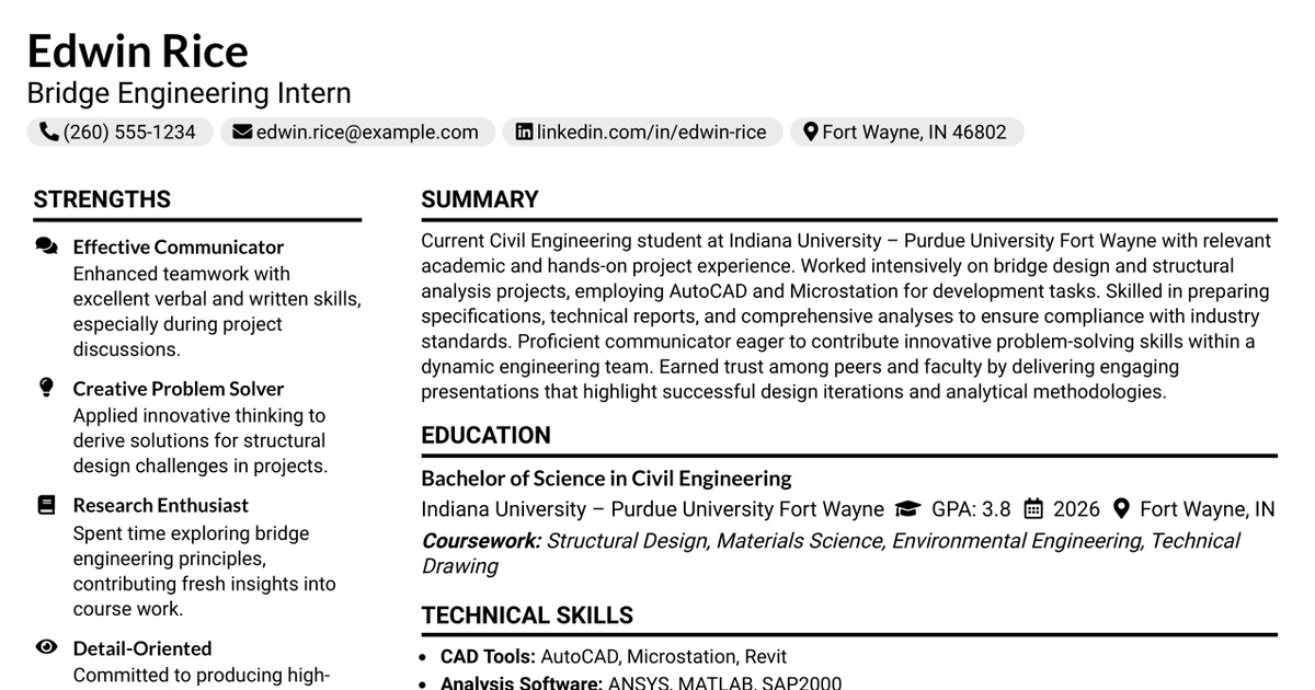 33 Bridge Engineering Intern Resume Templates with Example 2026 (ATS-Optimized)