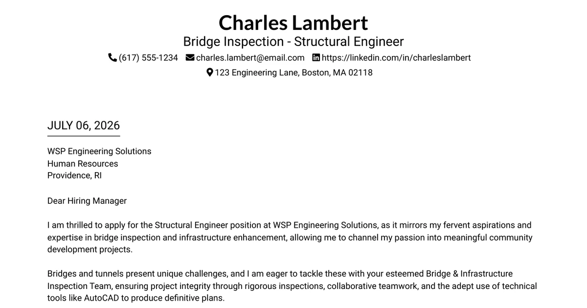 30+ Bridge Inspection - Structural Engineer Cover Letter Templates with Example 2026
