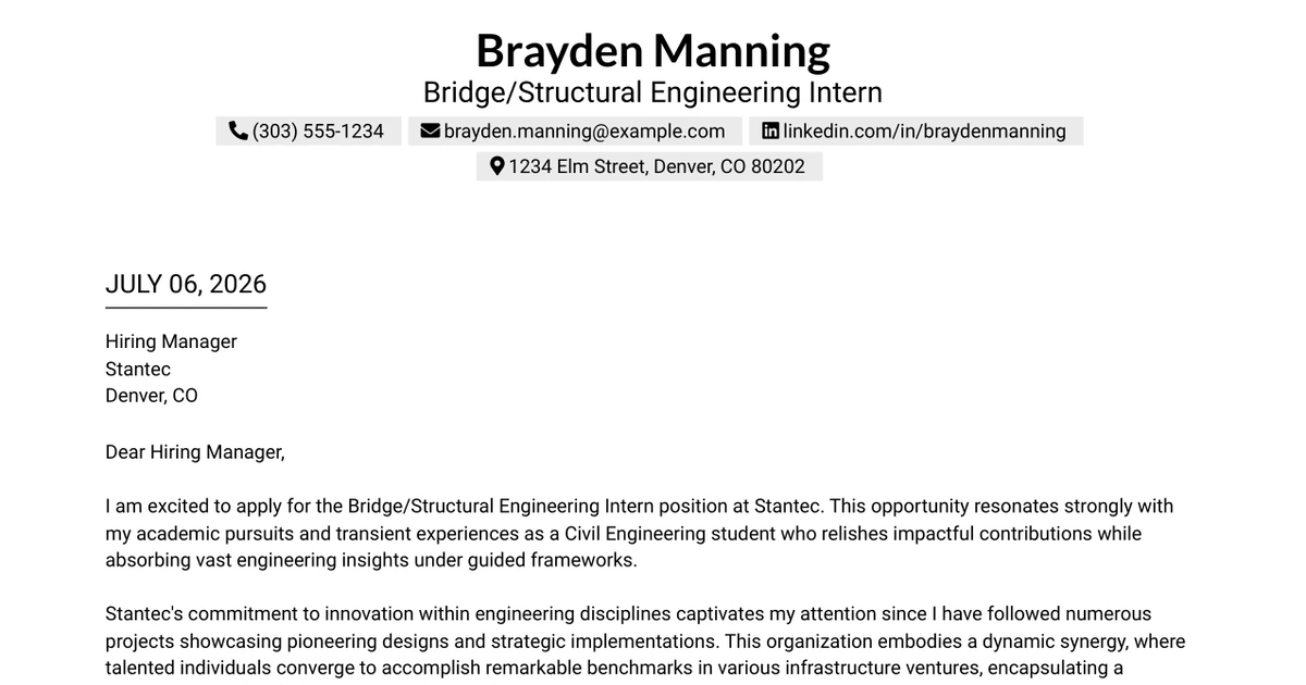 30+ Bridge/Structural Engineering Intern Cover Letter Templates with Example 2026
