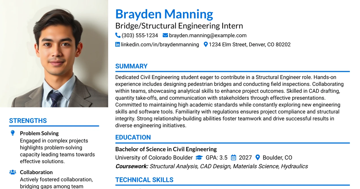 33 Bridge/Structural Engineering Intern Resume Templates with Example 2026 (ATS-Optimized)