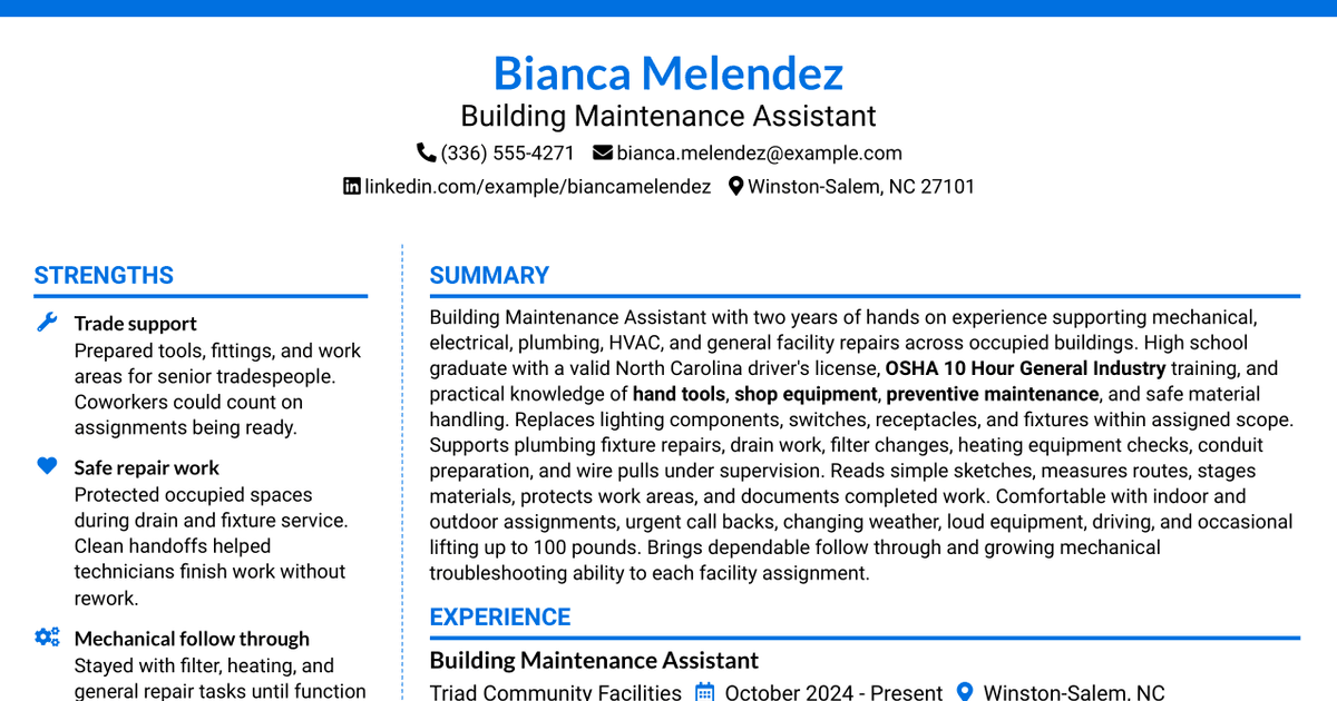 7 Building Maintenance Assistant Resume Templates with Example