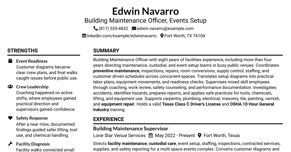 7 Building Maintenance Officer - Events Set Up Resume Templates with Example