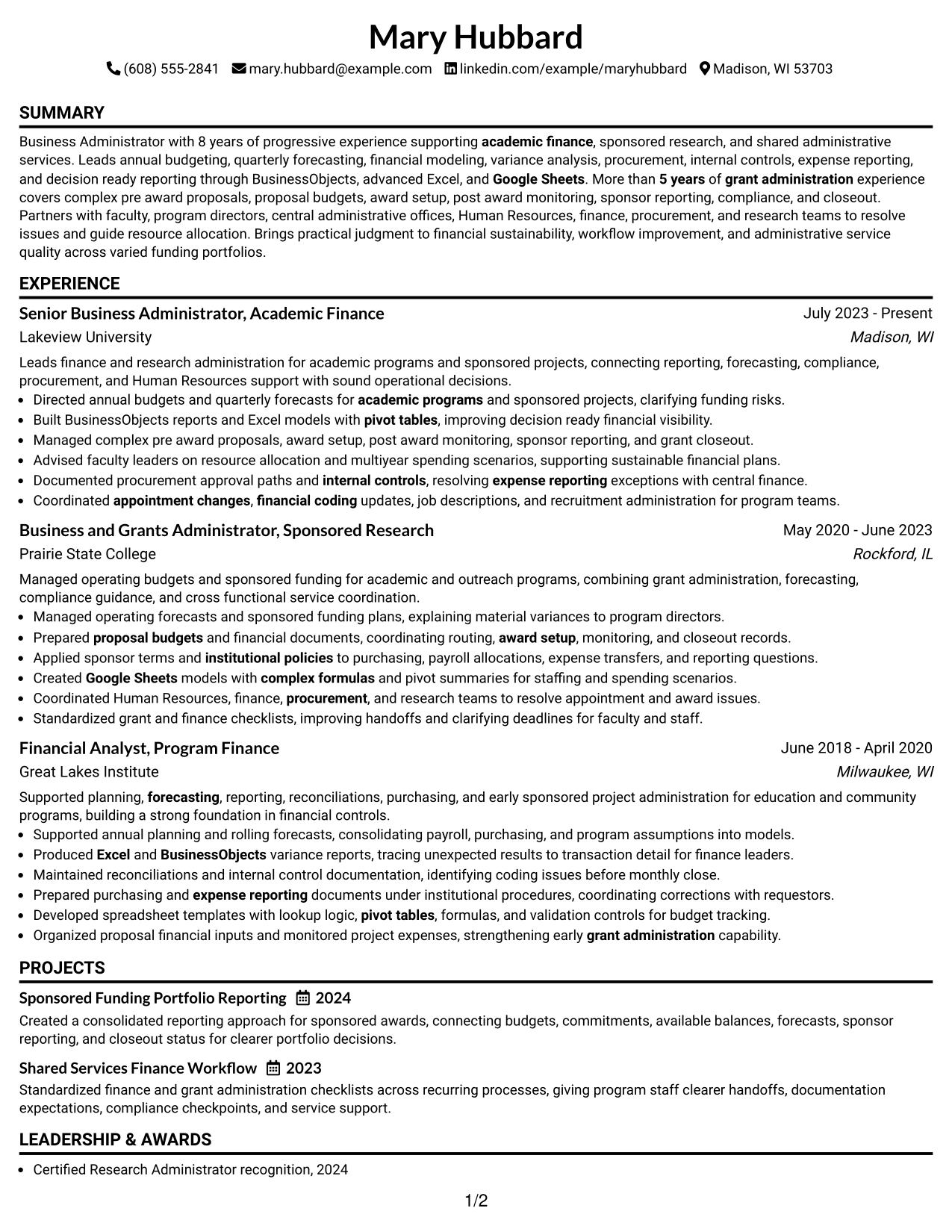 Resume Example Page 1