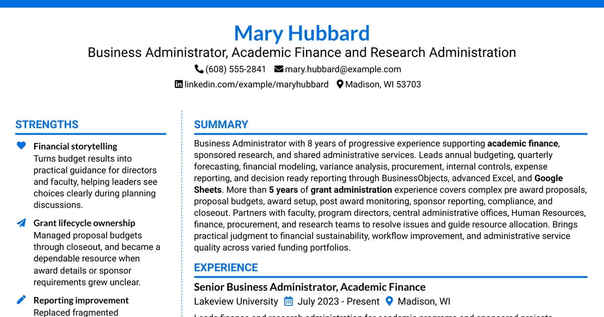 7 Business Administrator Intermediate - Academic Finance and Research Administration Resume Templates with Example